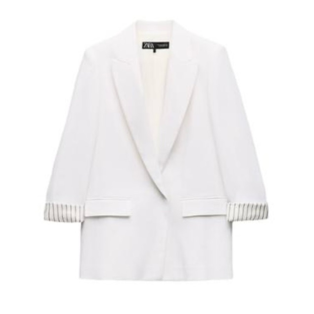 Zara White Blazer with Striped Cuffs